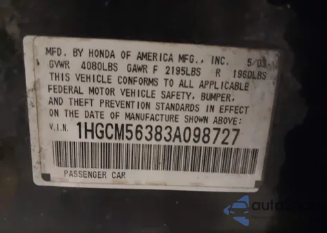 2003 Honda Accord 2.4 Lx z USA, uszkodzony, nr VIN 1HGCM56383A098727